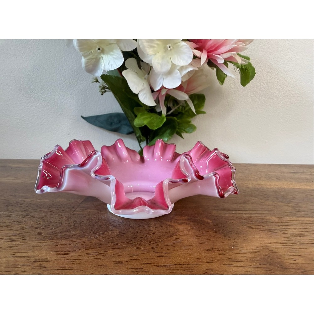 Vintage Pink White Cased Art Glass Ruffled Bowl Clear Crest MCM retro Decor